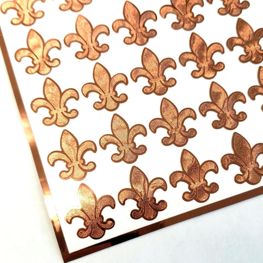 Copper Fleur de Lis stickers for Mardi Gras, Set of 48 Elegant French Flower Stickers for Weddings.