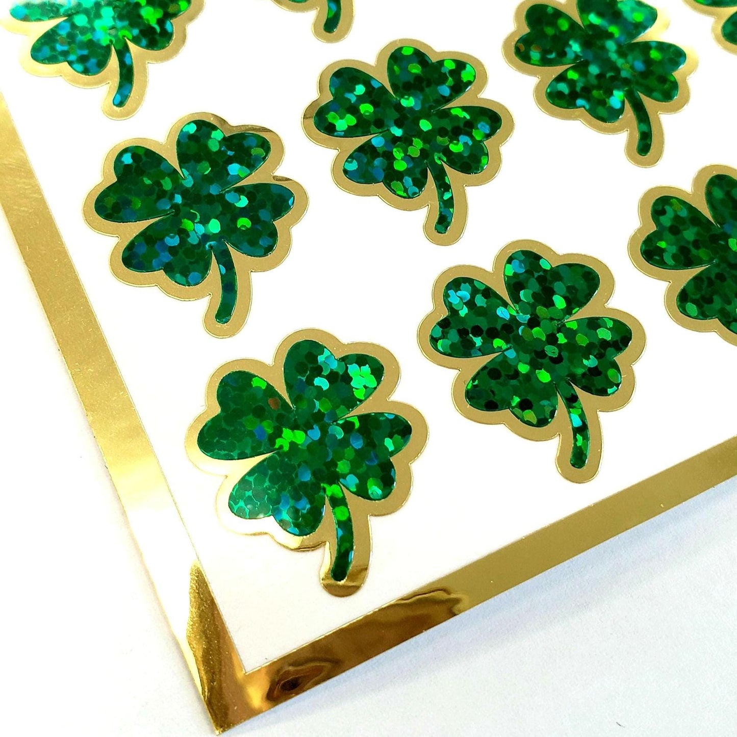 St. Patrick's Day Lucky Four Leaf Clover Stickers, set of 48 green and gold sparkly stickers for cards, scrapbooks and Irish embellishments.