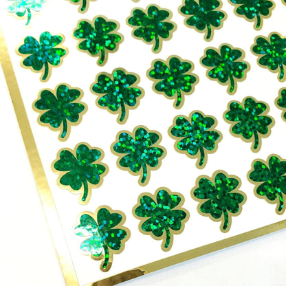 St. Patrick's Day Lucky Four Leaf Clover Stickers, set of 48 green and gold sparkly stickers for cards, scrapbooks and Irish embellishments.