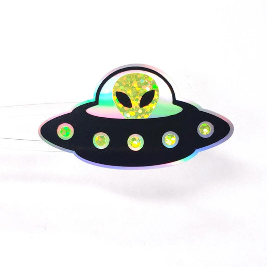 Flying Saucer Stickers, set of 10 sparkly space alien stickers for cards, invitations journals and scrapbook pages. Laptop Drone stickers.