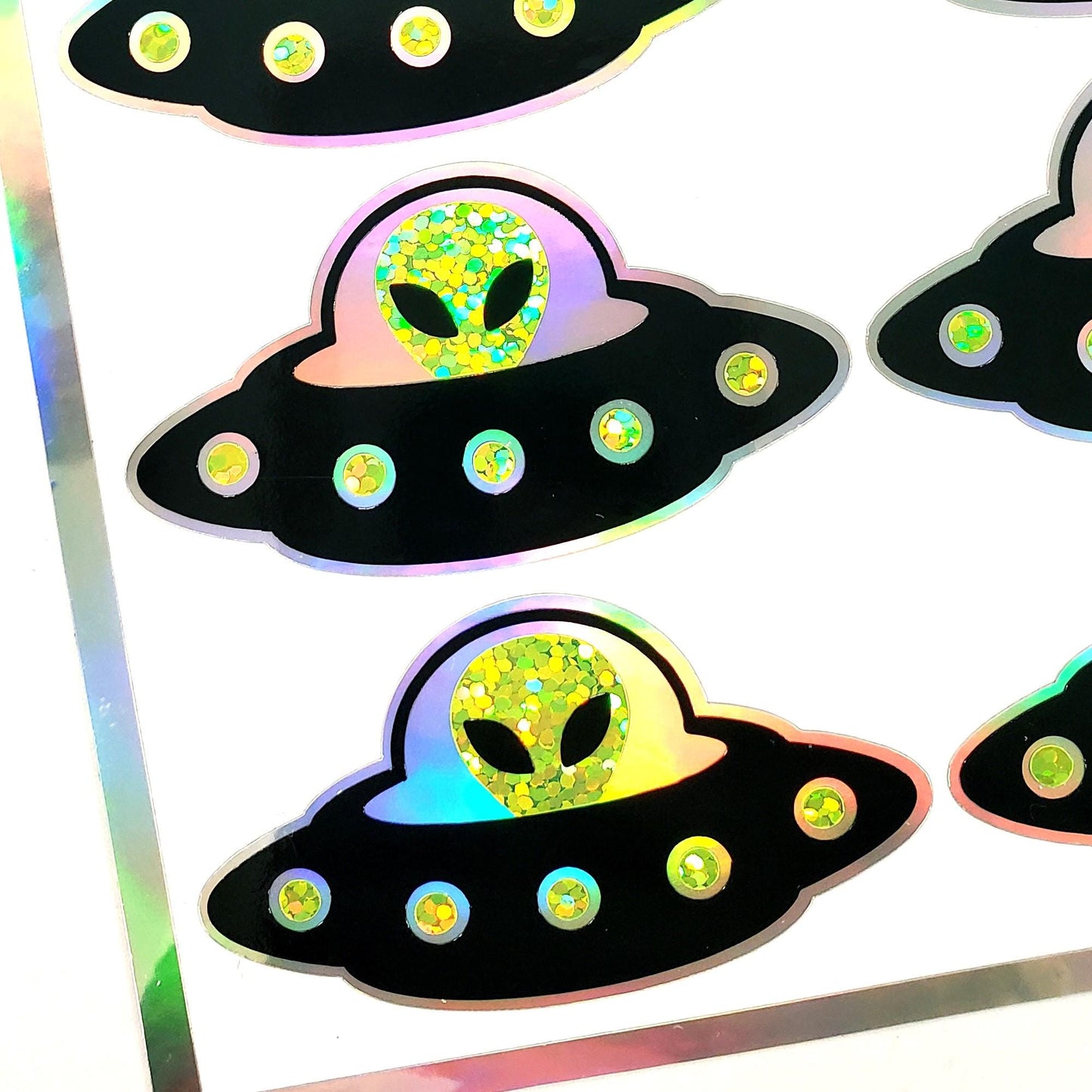 Flying Saucer Stickers, set of 10 sparkly space alien stickers for cards, invitations journals and scrapbook pages. Laptop Drone stickers.