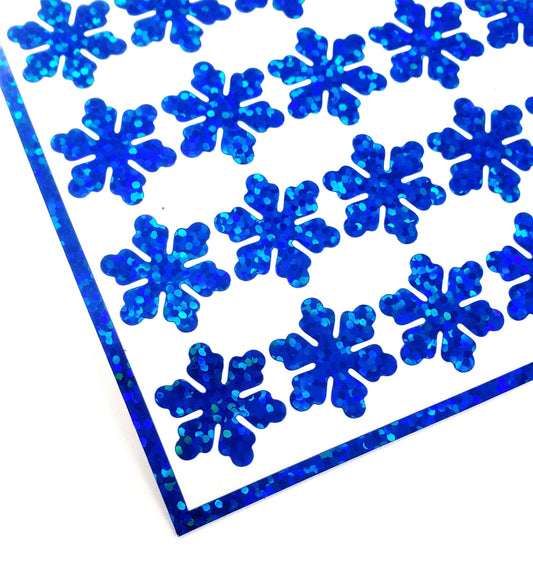 Blue Snowflake Stickers, set of 56 sparkly snow embellishments for holiday gift tags, winter decor and cards. Size of each 3/4"