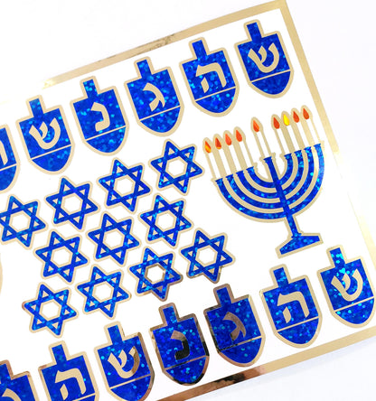 Hanukkah Sticker Sheet – Blue Glitter Dreidels, Menorahs, & Stars of David with Gold Outline – Peel and Stick Holiday Decorations