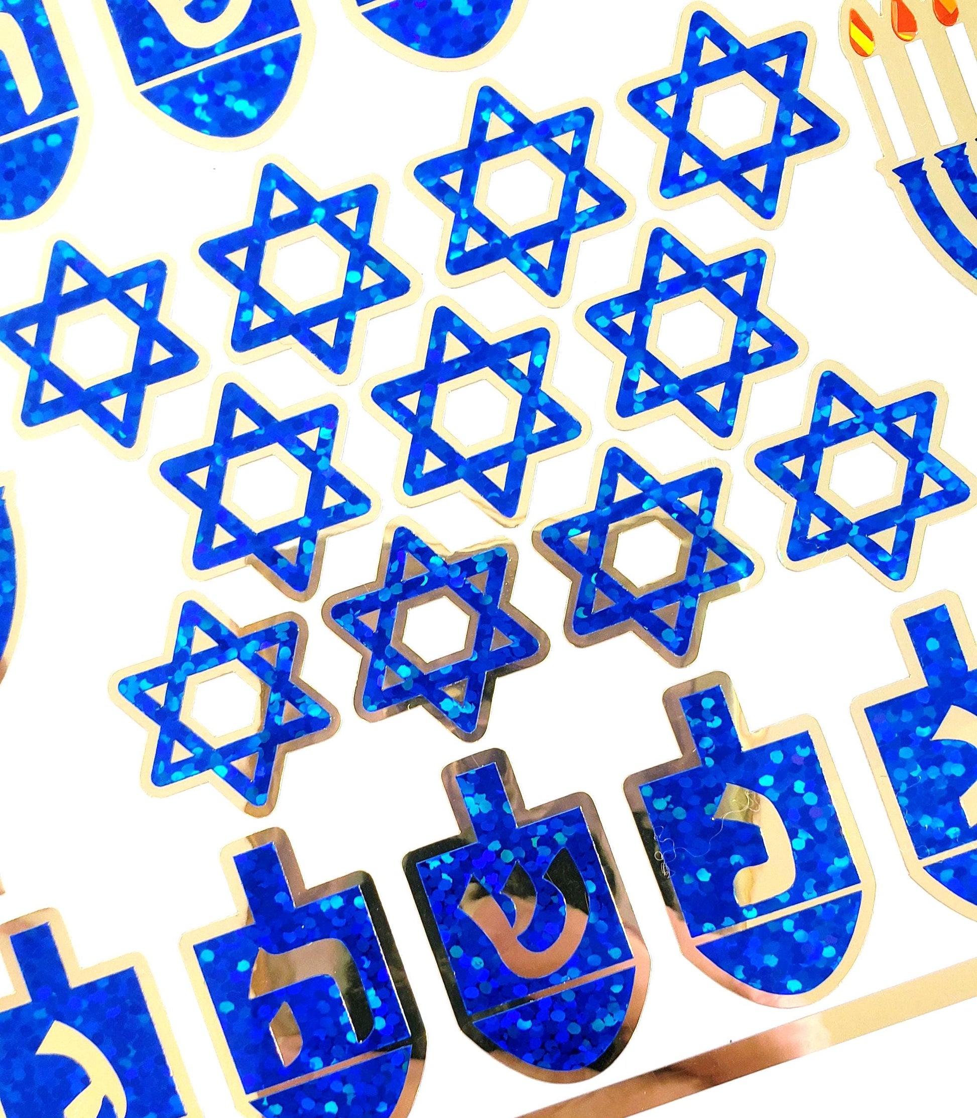 Hanukkah Sticker Sheet – Blue Glitter Dreidels, Menorahs, & Stars of David with Gold Outline – Peel and Stick Holiday Decorations