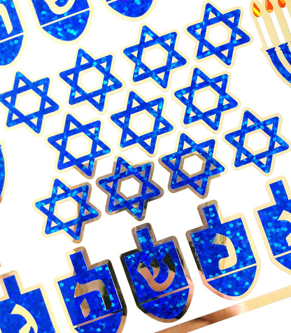 Hanukkah Sticker Sheet – Blue Glitter Dreidels, Menorahs, & Stars of David with Gold Outline – Peel and Stick Holiday Decorations