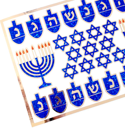 Hanukkah Sticker Sheet – Blue Glitter Dreidels, Menorahs, & Stars of David with Gold Outline – Peel and Stick Holiday Decorations