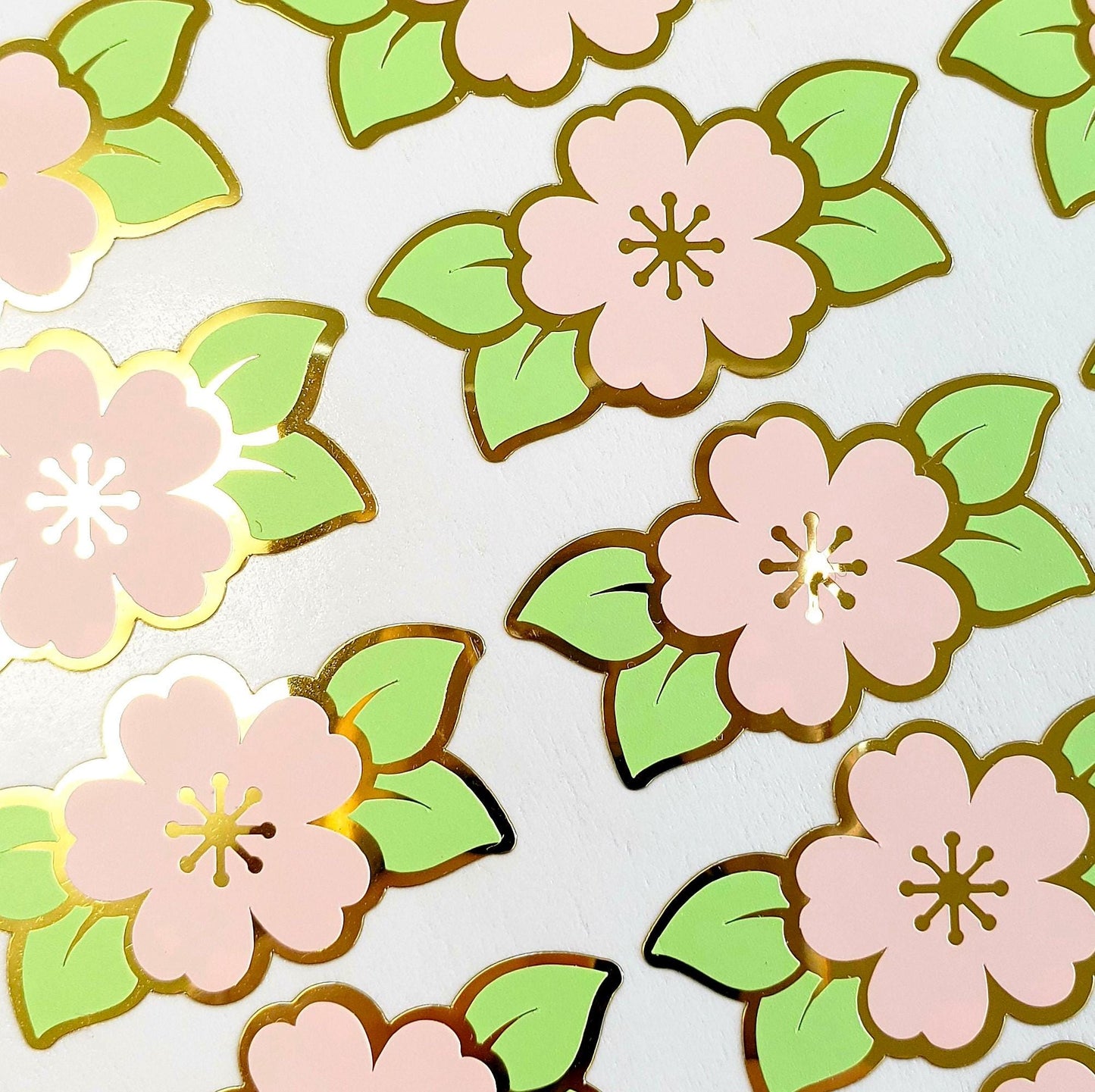 Cherry Blossom Stickers, 24 set of pink and gold spring flower stickers. Perfect for Crafts, Journals, Notecards, and Garden Weddings.