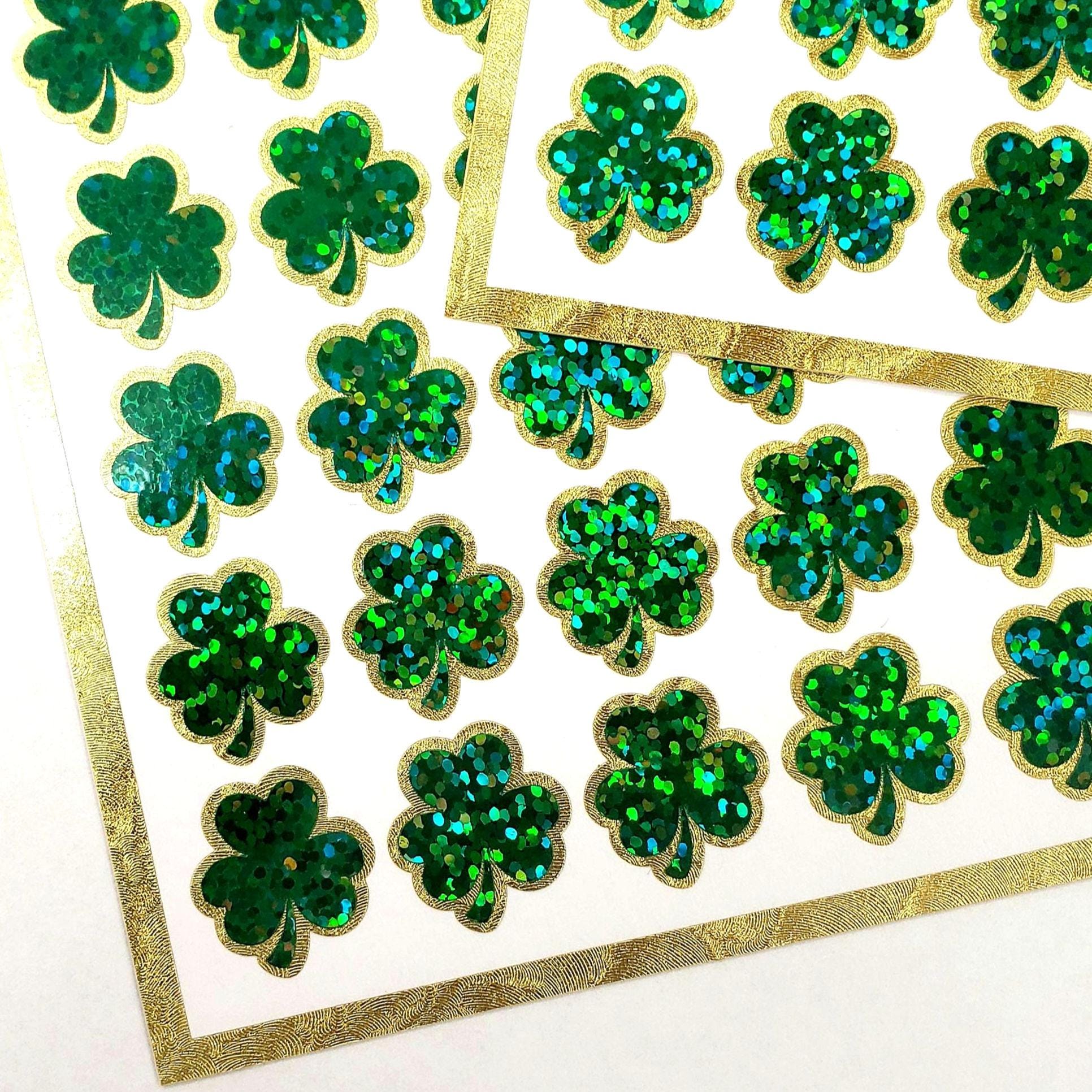 St. Patrick's Day Shamrock Stickers, set of 48 decorative sparkly green and gold clover stickers for planners, signs and craft projects