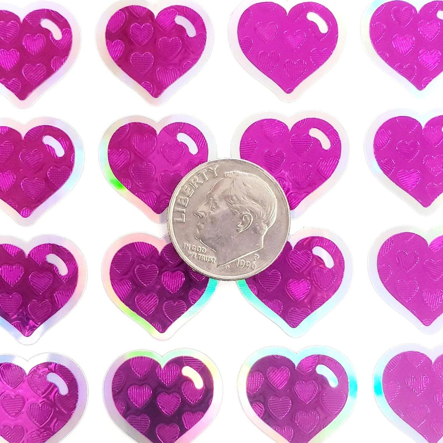 Hot Pink Heart Stickers for Valentine's Day, set of 60 small heart decals for cards, envelopes, junk journals, and scrapbook embellishments.