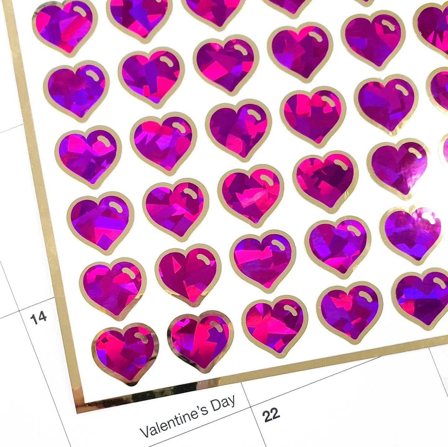 Sparkly Hot Pink Heart Stickers for Valentine's Day, set of 60 small embellishments for cards, envelopes, junk journals, and scrapbooks.