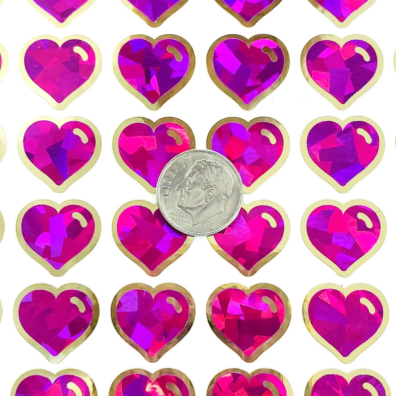 Sparkly Hot Pink Heart Stickers for Valentine's Day, set of 60 small embellishments for cards, envelopes, junk journals, and scrapbooks.