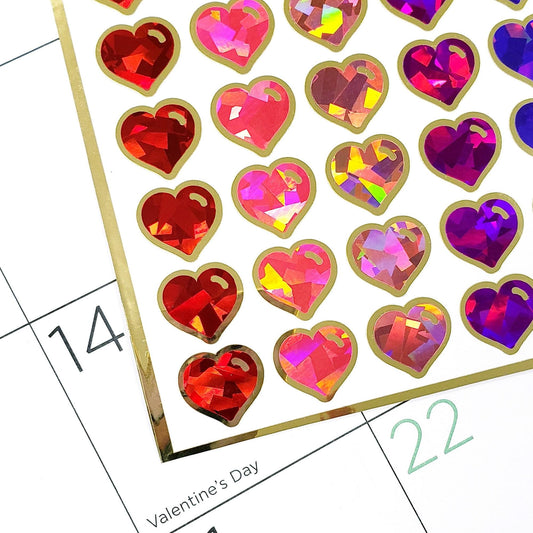 Sparkly Heart Stickers for Valentine's Day, set of 60 small multi color heart embellishments for cards, envelopes, journals, and scrapbooks.