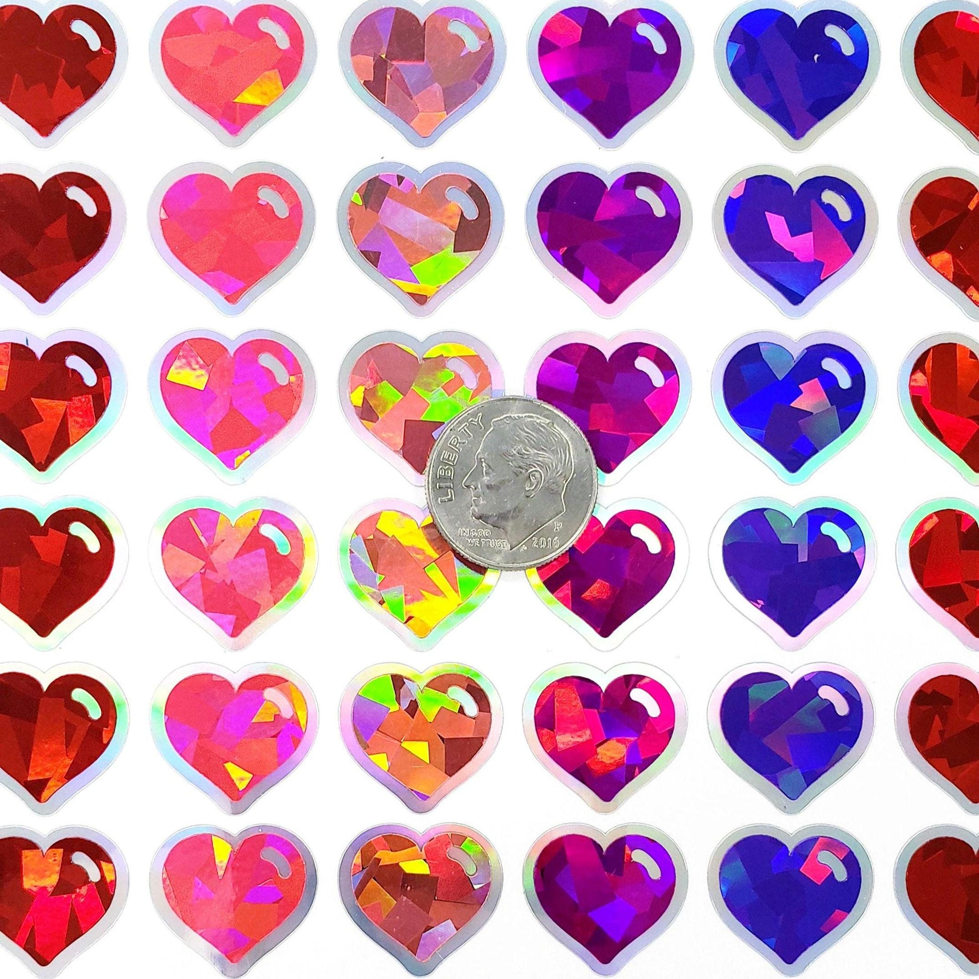 Sparkly Heart Stickers for Valentine's Day, set of 60 small multi color and silver heart embellishments for cards, journals and scrapbooks.