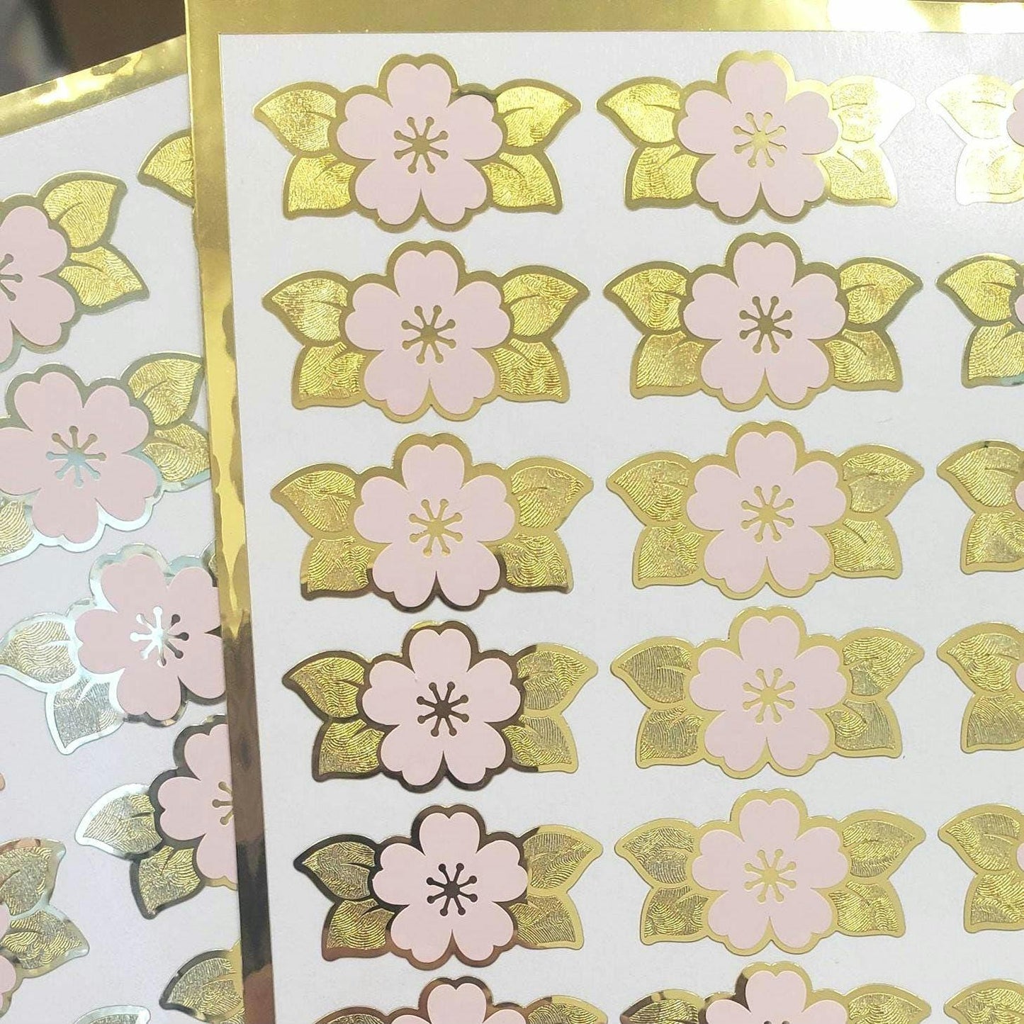 Pink Cherry Blossom Stickers, 24 set of Japanese Sakura flowers, gold stickers for spring crafts, journals, notecards, and garden weddings.