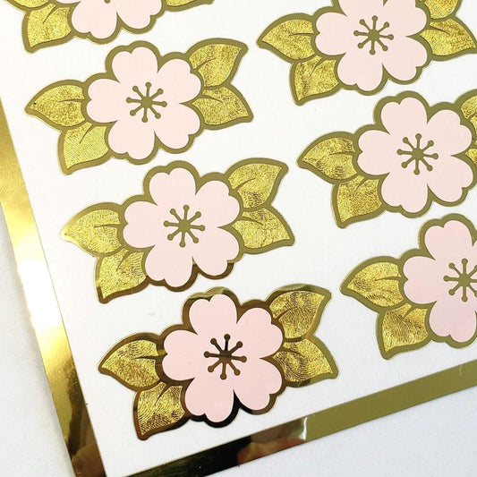 Pink Cherry Blossom Stickers, 24 set of Japanese Sakura flowers, gold stickers for spring crafts, journals, notecards, and garden weddings.