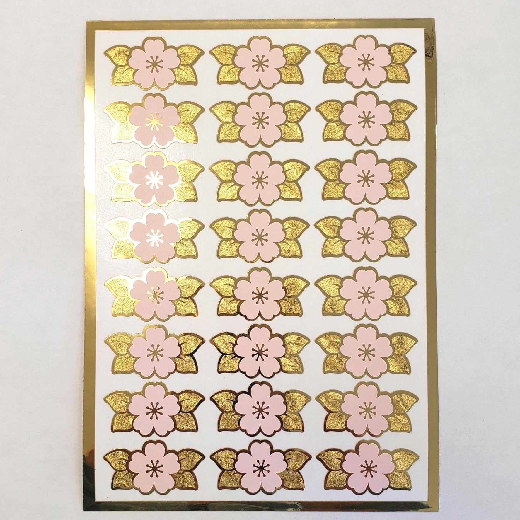 Pink Cherry Blossom Stickers, 24 set of Japanese Sakura flowers, gold stickers for spring crafts, journals, notecards, and garden weddings.