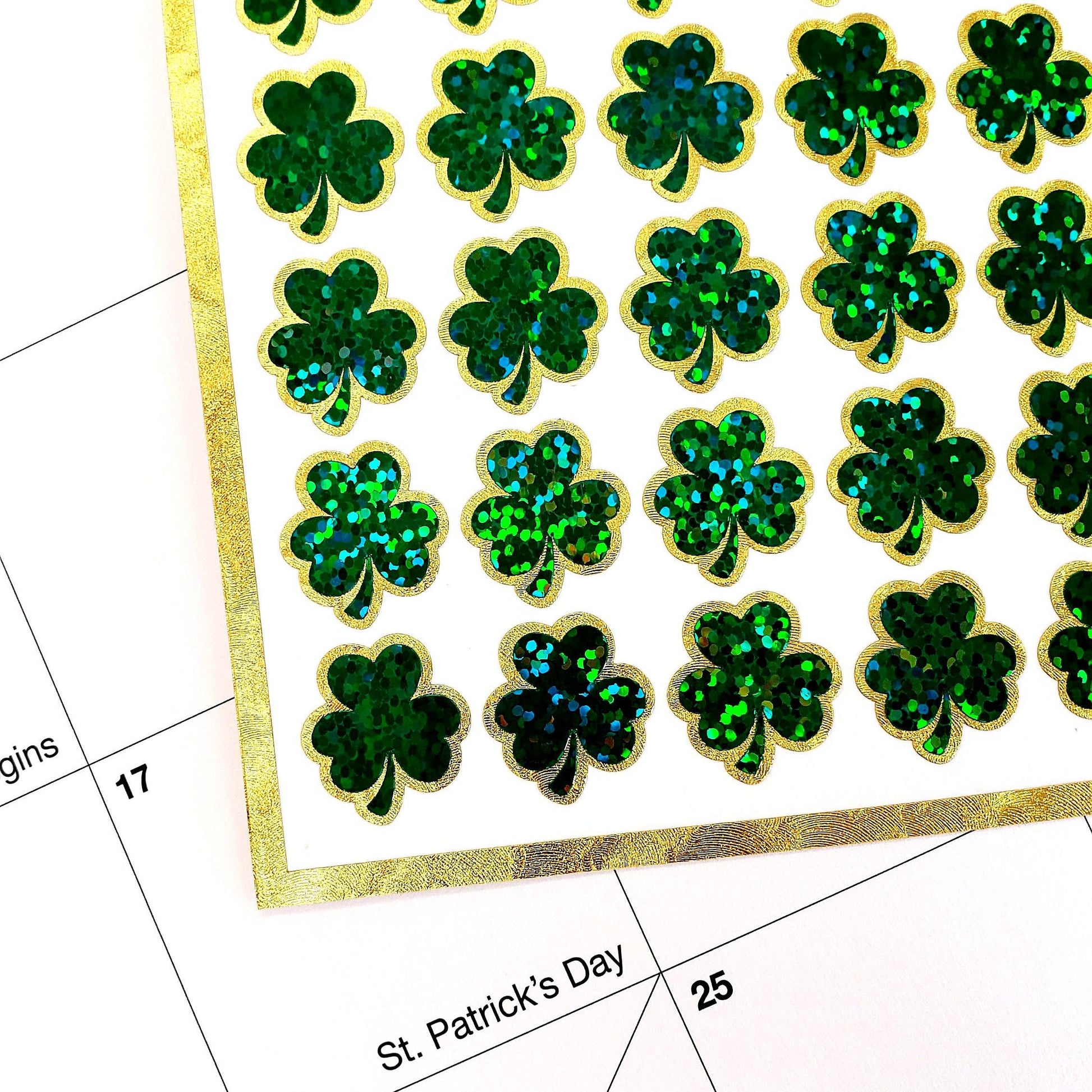 St. Patrick's Day Shamrock Stickers, set of 48 decorative sparkly green and gold clover stickers for planners, signs and craft projects