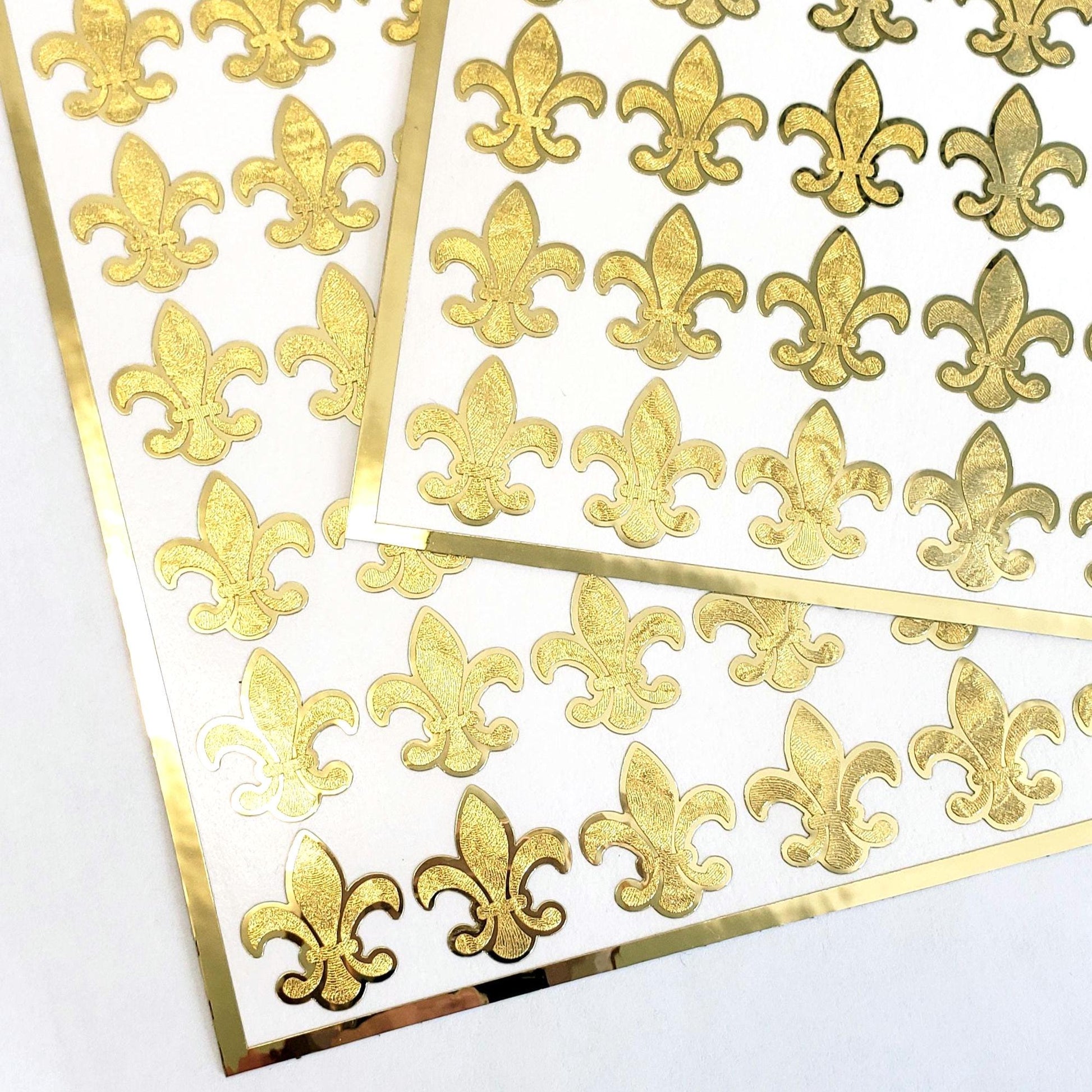 Gold Fleur de Lis stickers for Mardi Gras, Set of 48 Elegant French Flower Stickers for Weddings.