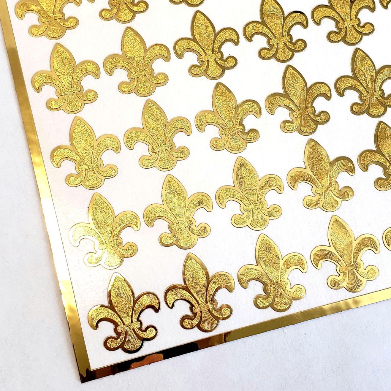 Gold Fleur de Lis stickers for Mardi Gras, Set of 48 Elegant French Flower Stickers for Weddings.