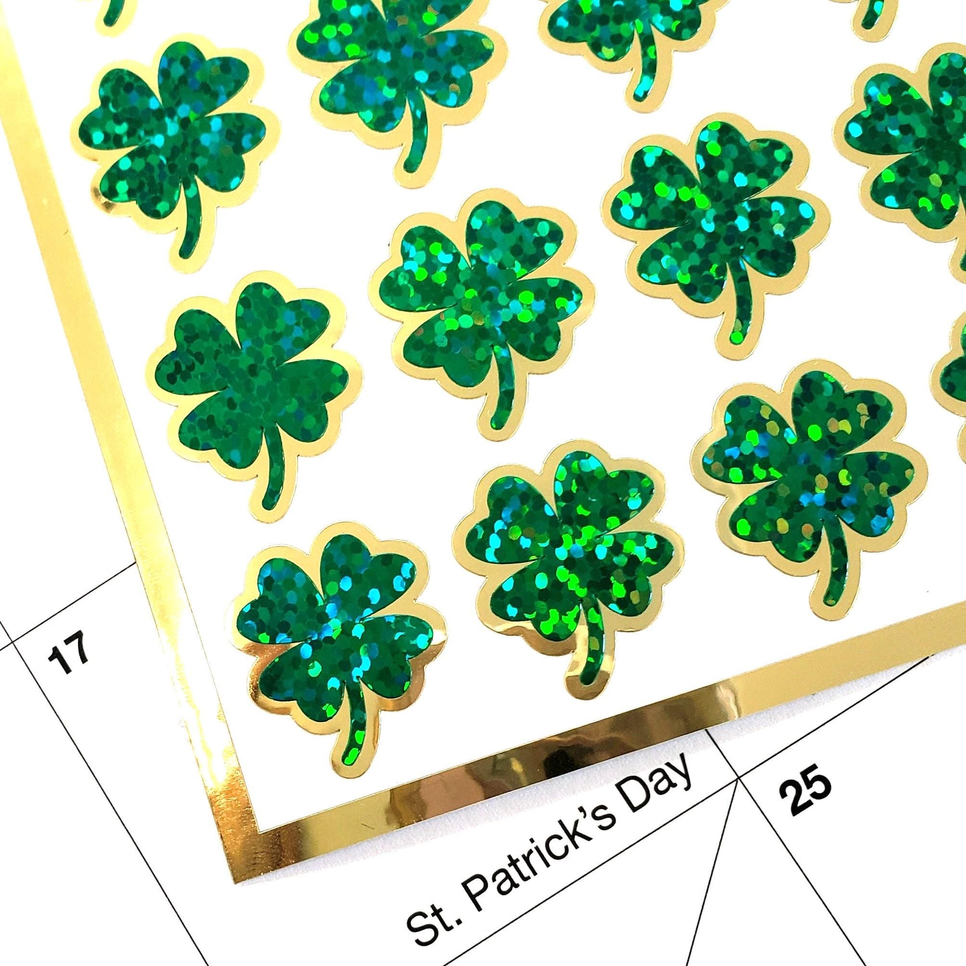 St. Patrick's Day Lucky Four Leaf Clover Stickers, set of 48 green and gold sparkly stickers for cards, scrapbooks and Irish embellishments.