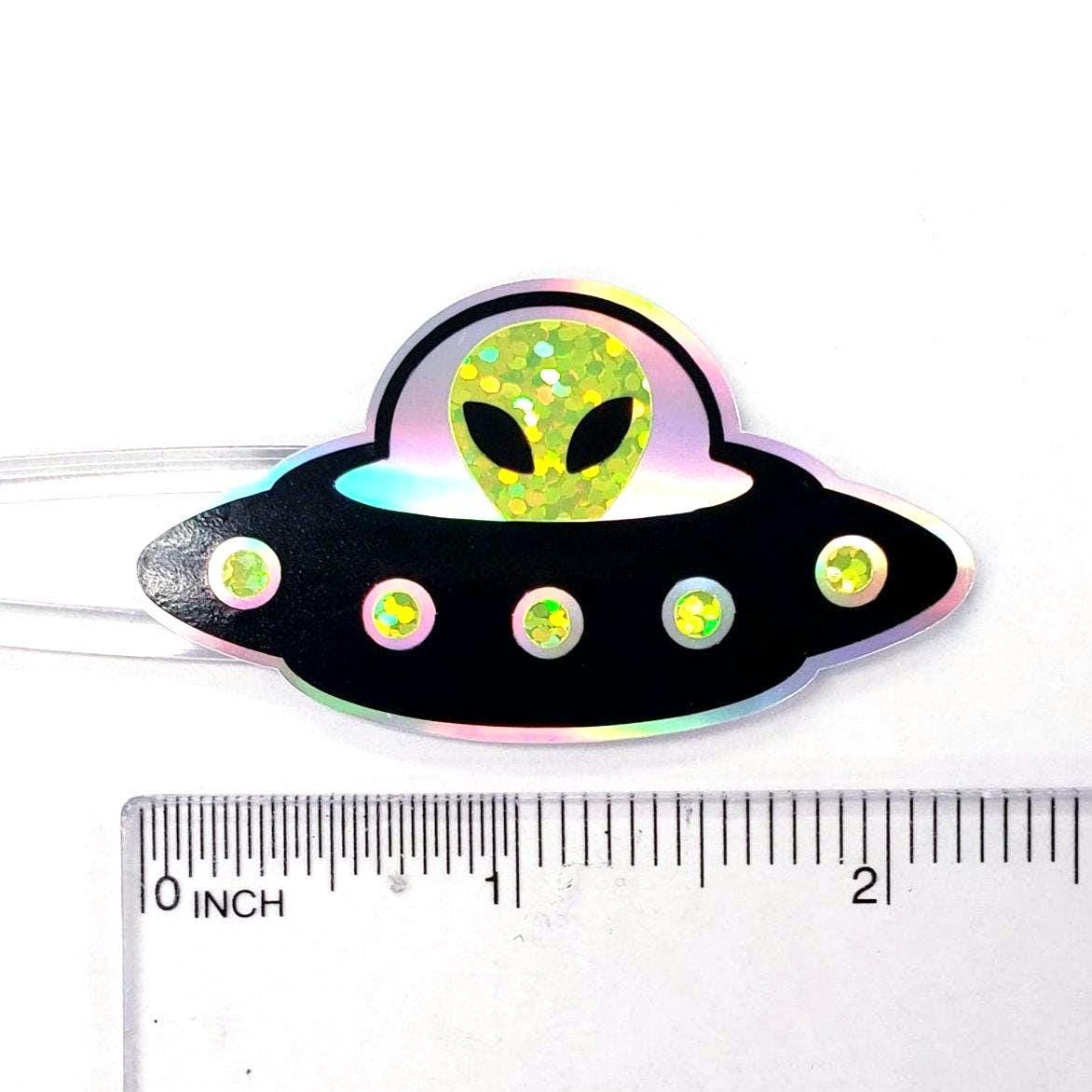 Flying Saucer Stickers, set of 10 sparkly space alien stickers for cards, invitations journals and scrapbook pages. Laptop Drone stickers.