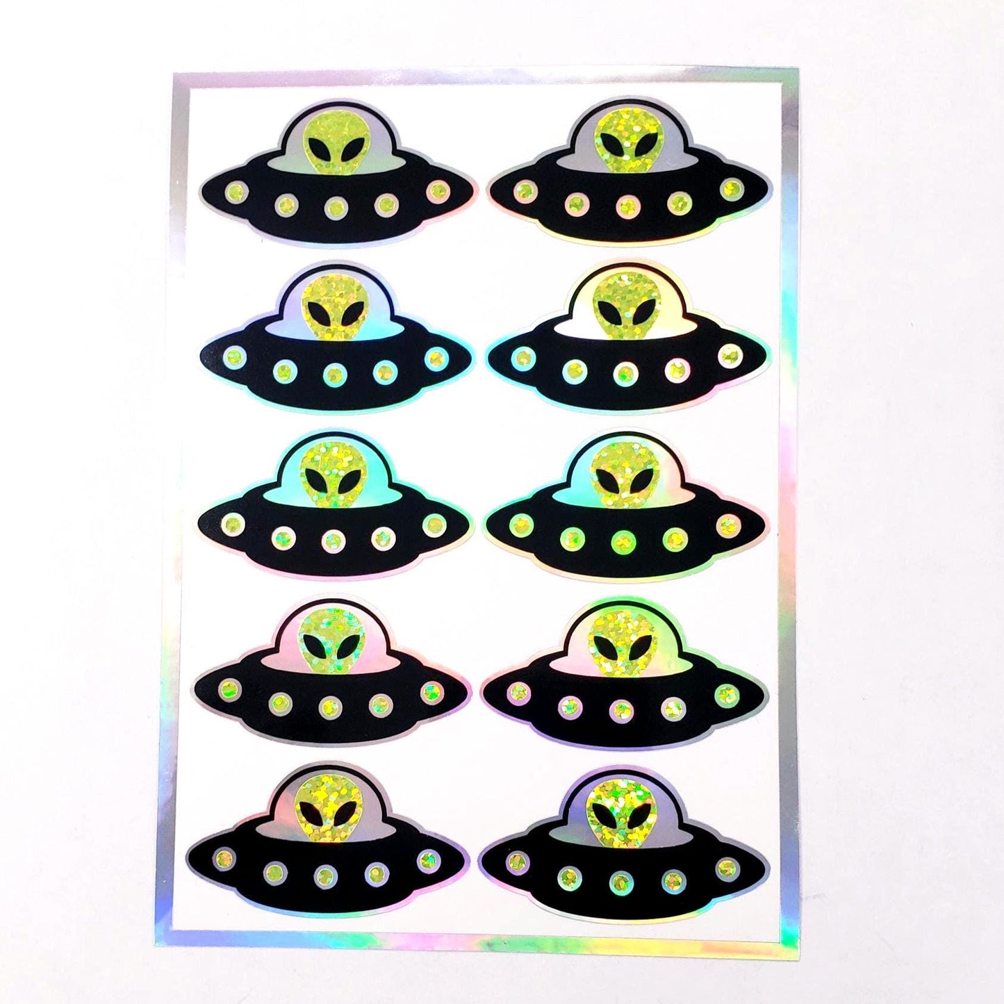 Flying Saucer Stickers, set of 10 sparkly space alien stickers for cards, invitations journals and scrapbook pages. Laptop Drone stickers.