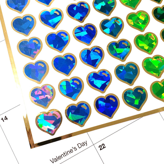 Blue Crystal Heart Stickers for Valentine's Day, set of 60 small heart embellishments for cards, envelopes and scrapbooks. Silver outline.