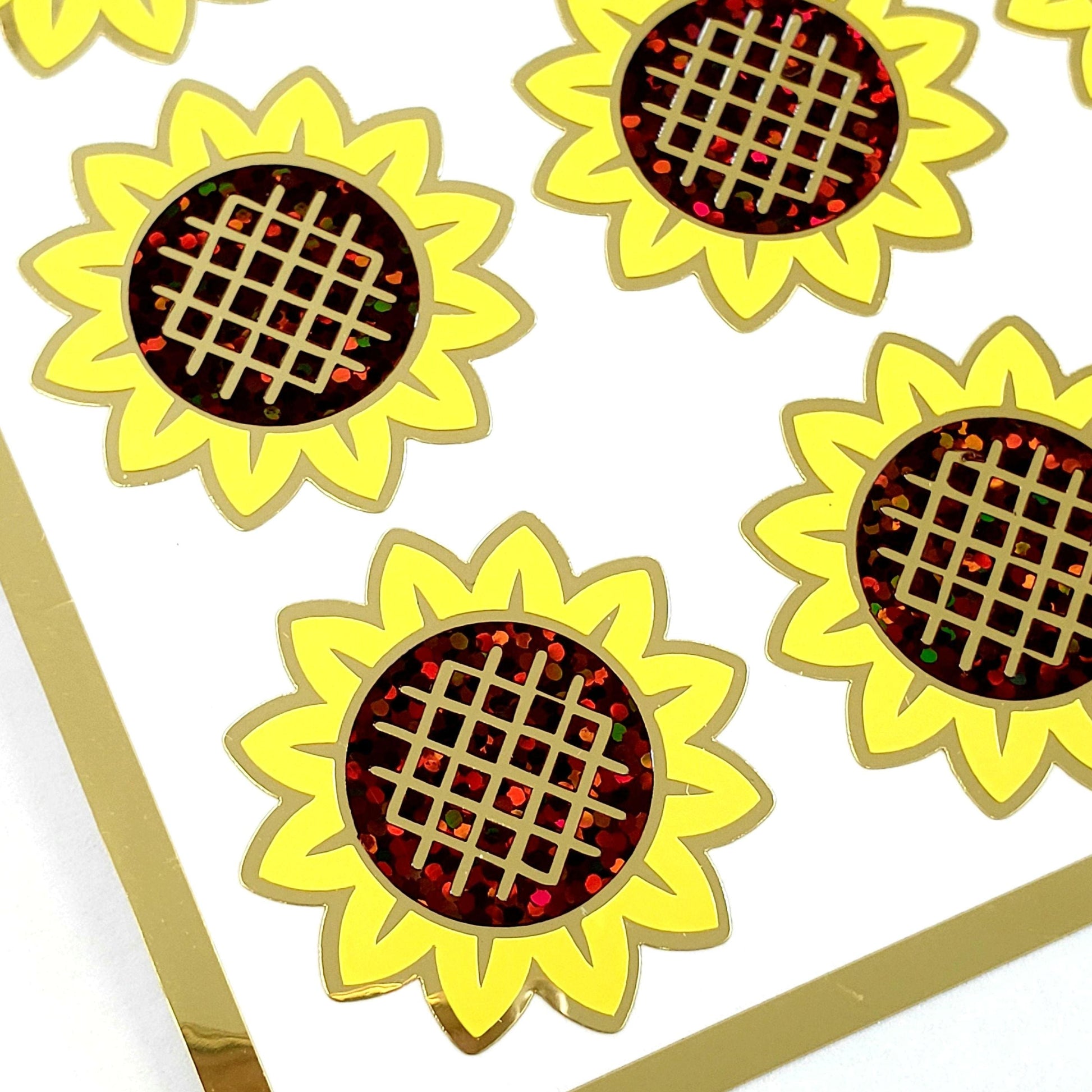 Sunflower Stickers, set of 12 yellow and brown summer flower stickers for journals, laptops, envelopes, tumblers and crafts.