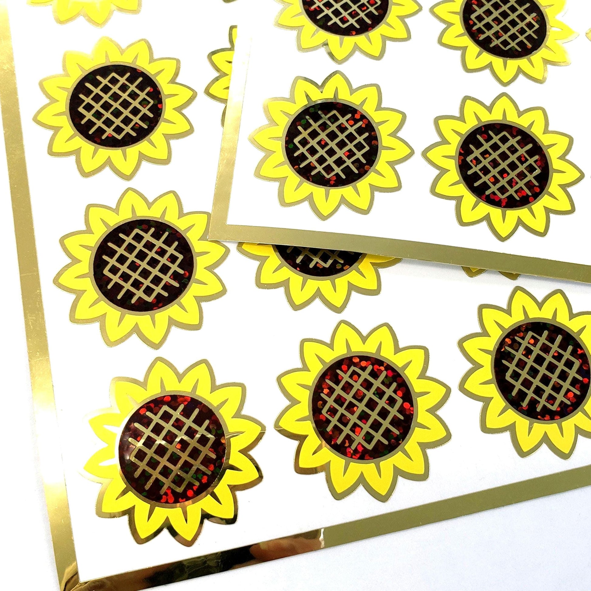 Sunflower Stickers, set of 12 yellow and brown summer flower stickers for journals, laptops, envelopes, tumblers and crafts.