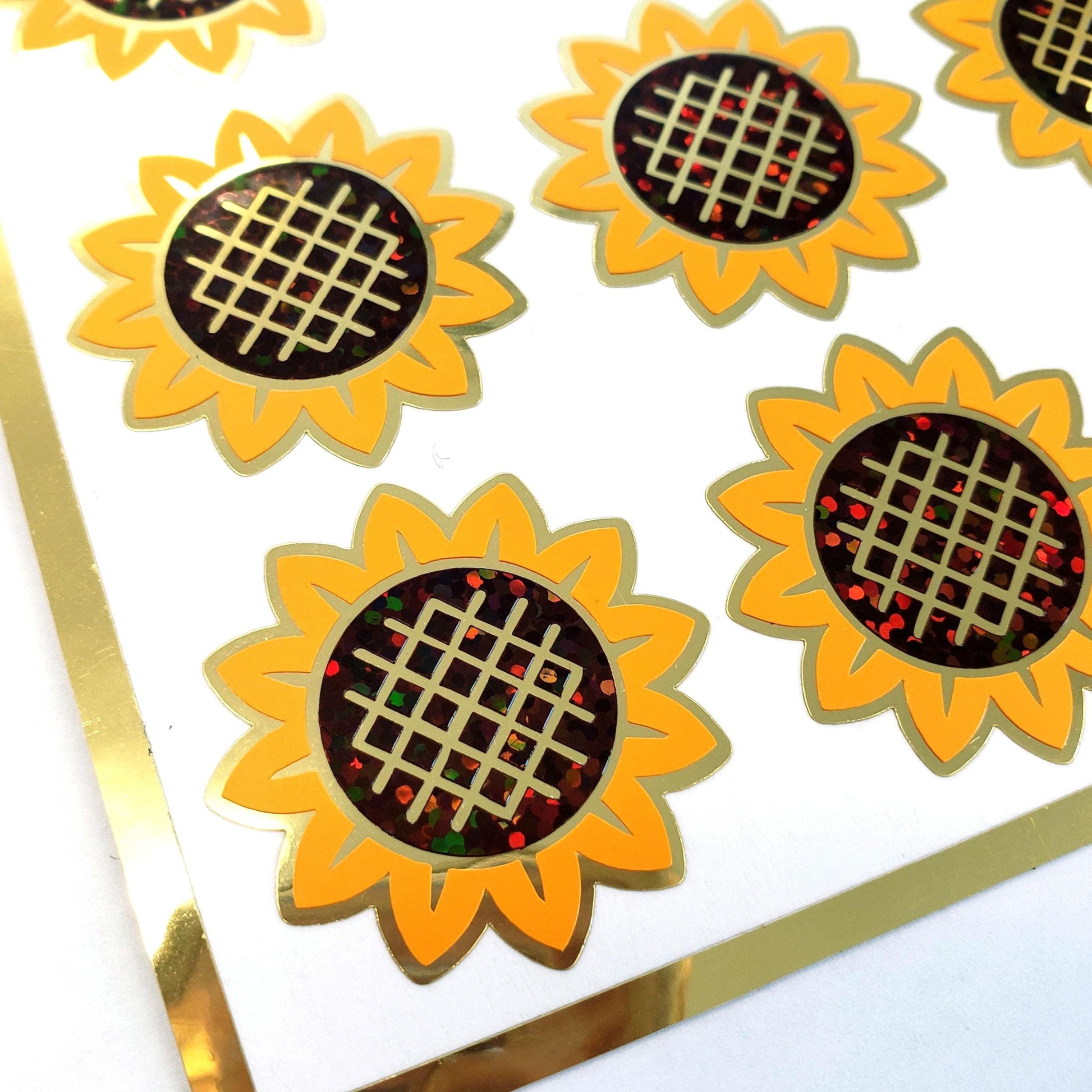 Sunflower Stickers, set of 12 golden yellow and brown flower stickers for journals, laptops, envelopes, and tumblers, summer wedding decor.