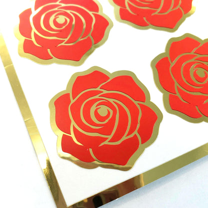 Roses Sticker Sheet, set of 15 red and gold flowers for garden wedding, envelopes, notebooks, journals, laptops and spring crafts.