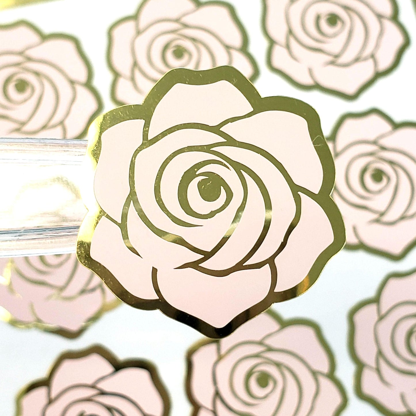 Roses Sticker Sheet, set of 15 blush pink and gold flowers for wedding decor, envelopes, notebooks, journals, laptops and spring crafts.