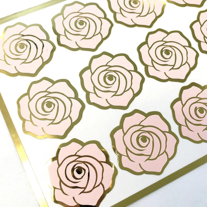 Roses Sticker Sheet, set of 15 blush pink and gold flowers for wedding decor, envelopes, notebooks, journals, laptops and spring crafts.