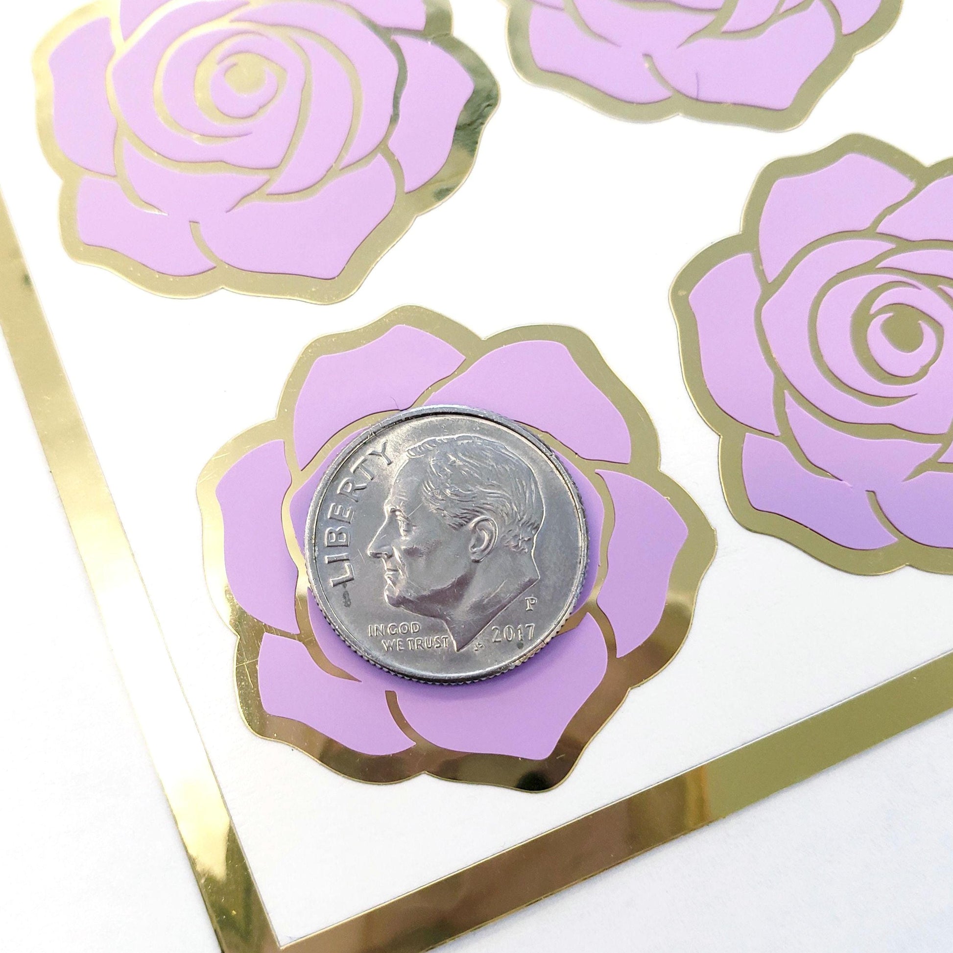 Purple Roses Sticker Sheet, set of 15 lilac and gold flowers for weddings, envelopes, notebooks, journals, laptops, phone covers and crafts.