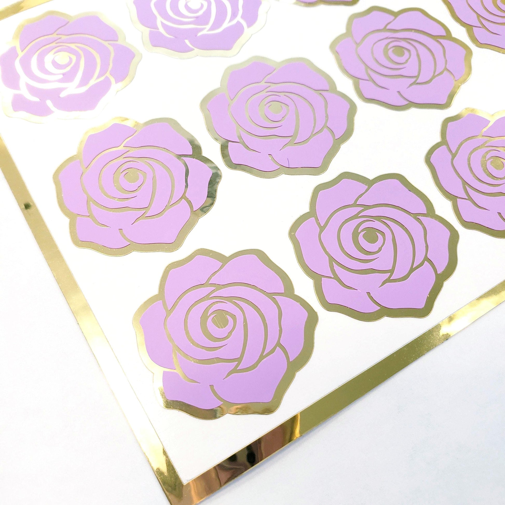 Purple Roses Sticker Sheet, set of 15 lilac and gold flowers for weddings, envelopes, notebooks, journals, laptops, phone covers and crafts.