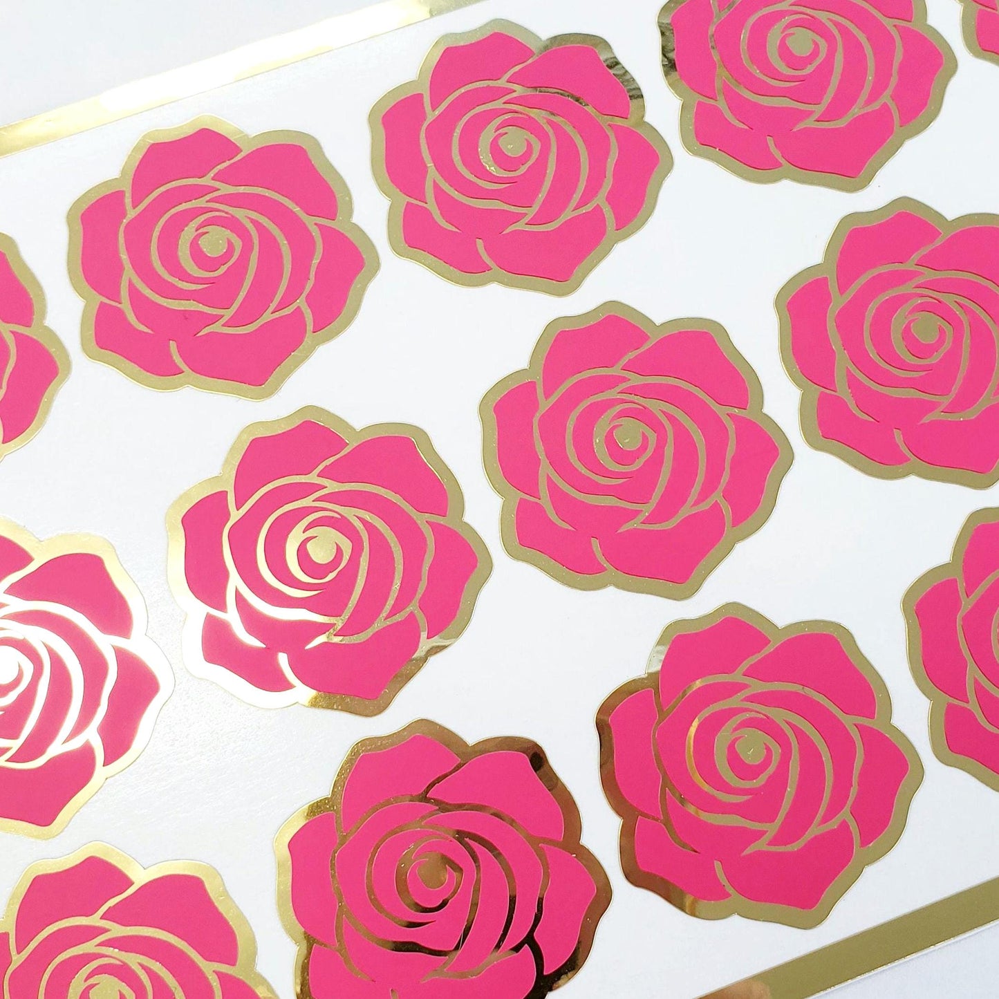 Hot Pink Roses Sticker Sheet, set of 15 rose blooms for spring weddings, envelopes, notebooks, journals, laptops, phone covers and crafts.