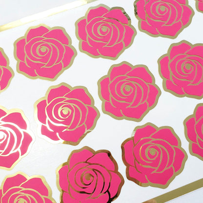 Hot Pink Roses Sticker Sheet, set of 15 rose blooms for spring weddings, envelopes, notebooks, journals, laptops, phone covers and crafts.