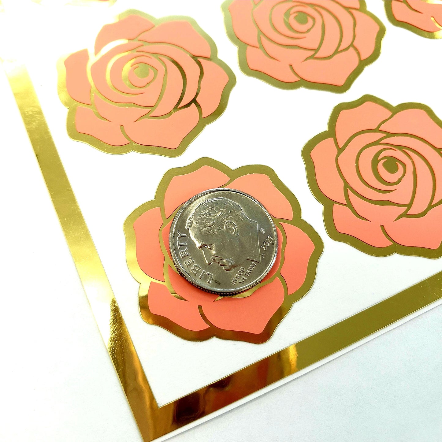 Coral Roses Sticker Sheet, set of 15 peach and gold flowers for garden wedding, envelopes, notebooks, journals, laptops and crafts.