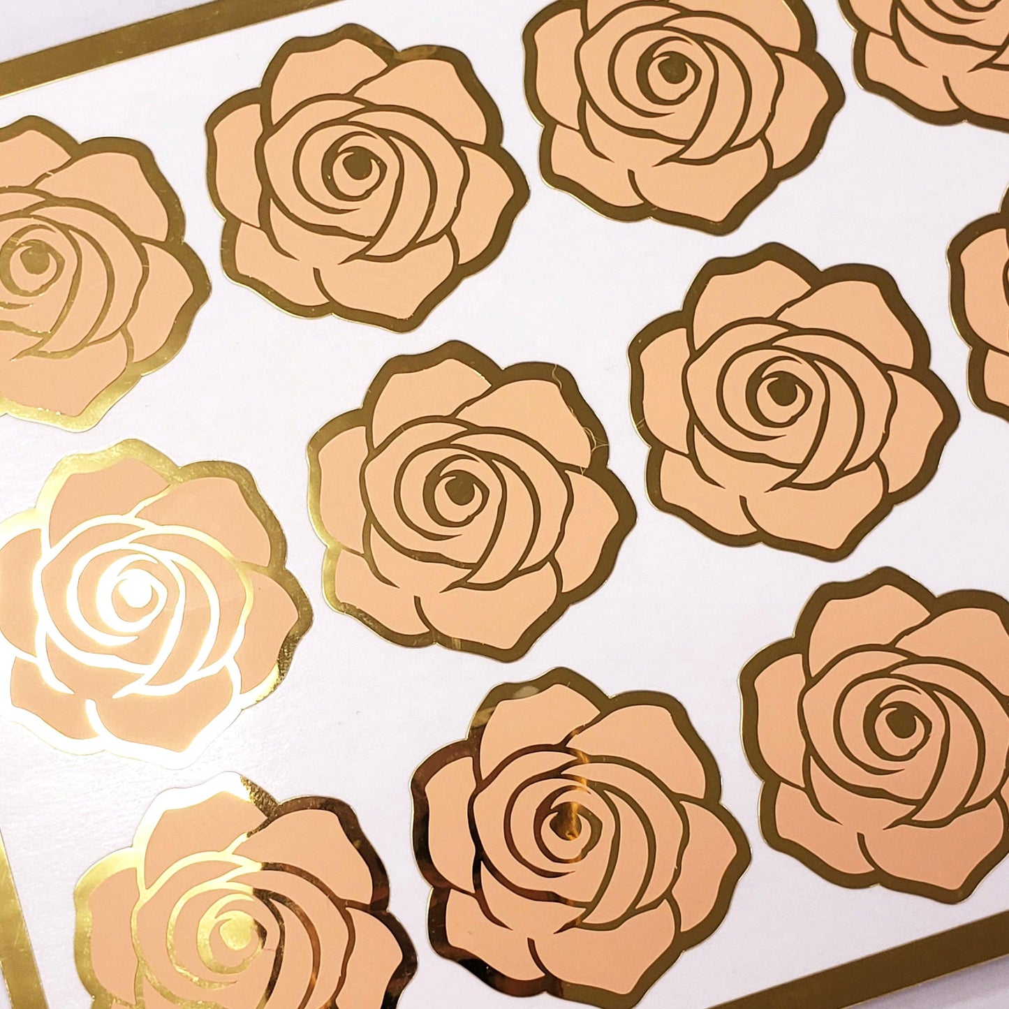 Peach Roses Sticker Sheet, set of 15 light orange and gold flowers for garden weddings, envelopes, notebooks, journals, laptops and crafts.