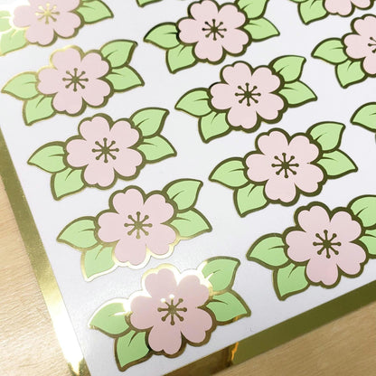 Cherry Blossom Stickers, 24 set of pink and gold spring flower stickers. Perfect for Crafts, Journals, Notecards, and Garden Weddings.