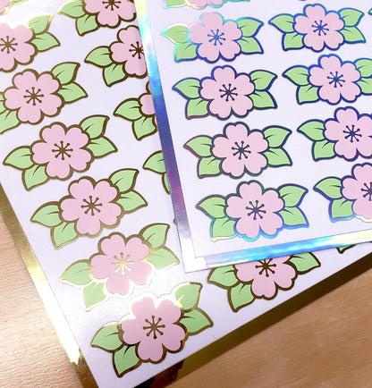 Cherry Blossom Stickers, 24 set of pink and silver spring flower stickers. Craft, Journals, Notecards, and Garden Weddings Sakura stickers.