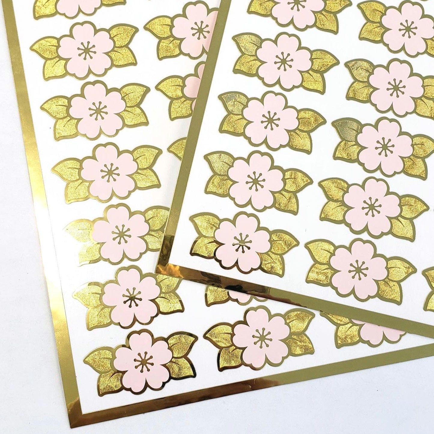 Pink Cherry Blossom Stickers, 24 set of Japanese Sakura flowers, gold stickers for spring crafts, journals, notecards, and garden weddings.