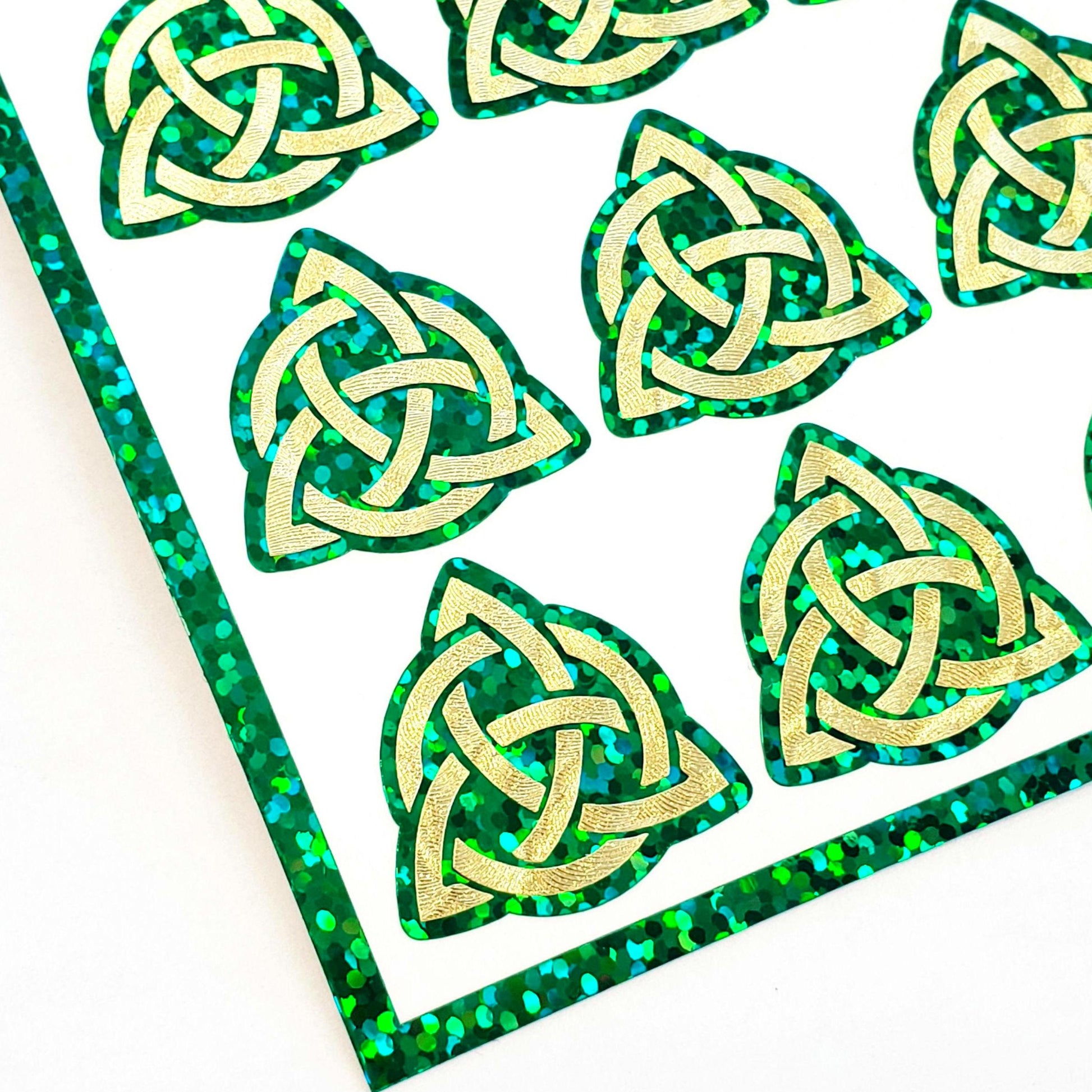 Celtic Trinity Knot Stickers – 20 Gold Knot Stickers on Sparkly Green Background – Irish Symbol – Peel & Stick Vinyl.