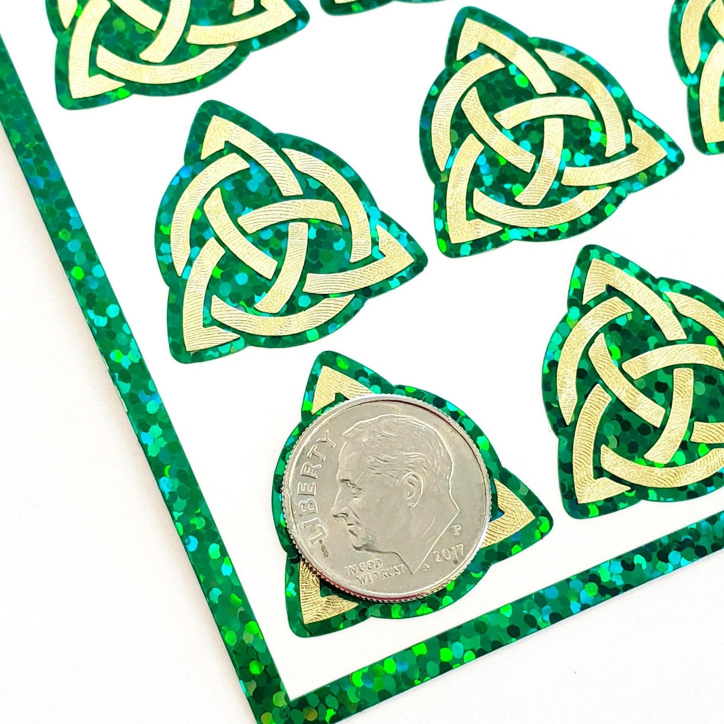 Celtic Trinity Knot Stickers – 20 Gold Knot Stickers on Sparkly Green Background – Irish Symbol – Peel & Stick Vinyl.