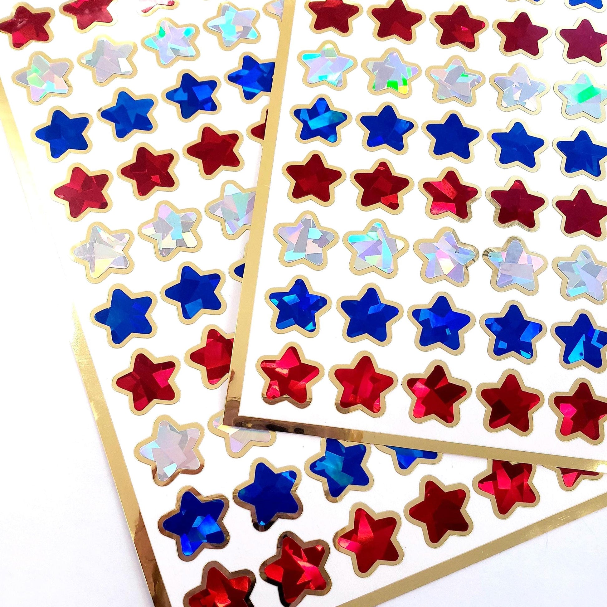 Red, White and Blue Star Stickers for flag day, Independence and Memorial Day. Sparkly American Flag Star Stickers for Patriotic Decorations