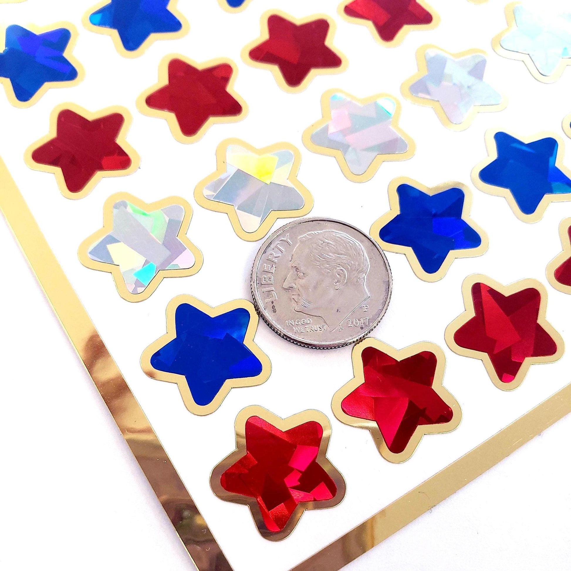 Red, White and Blue Star Stickers for flag day, Independence and Memorial Day. Sparkly American Flag Star Stickers for Patriotic Decorations