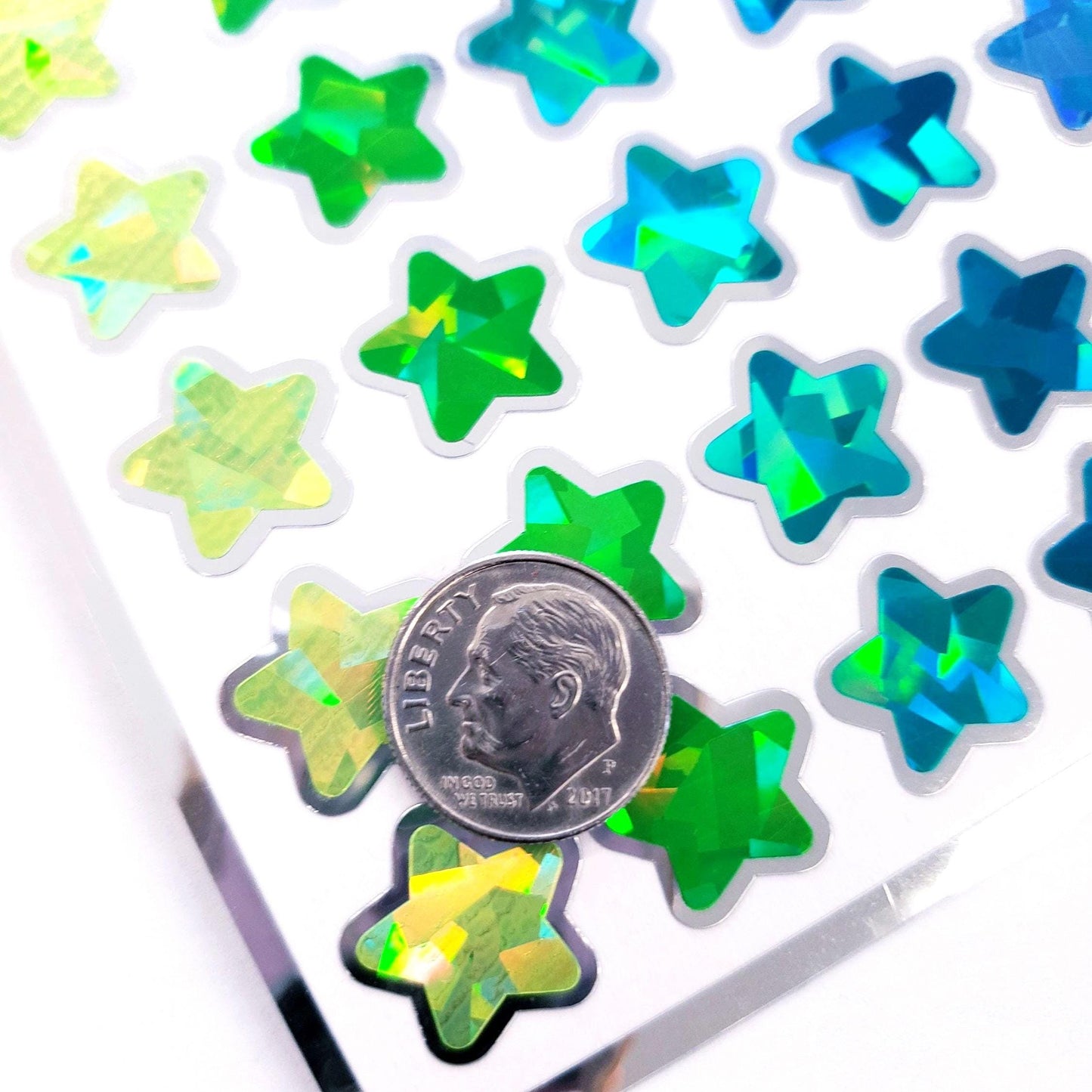 Sparkly Star Stickers in Yellow, Turquoise, Blue and Green, Set of 70 for Journals, Charts, Trackers and Mermaid Birthday. Silver Outline