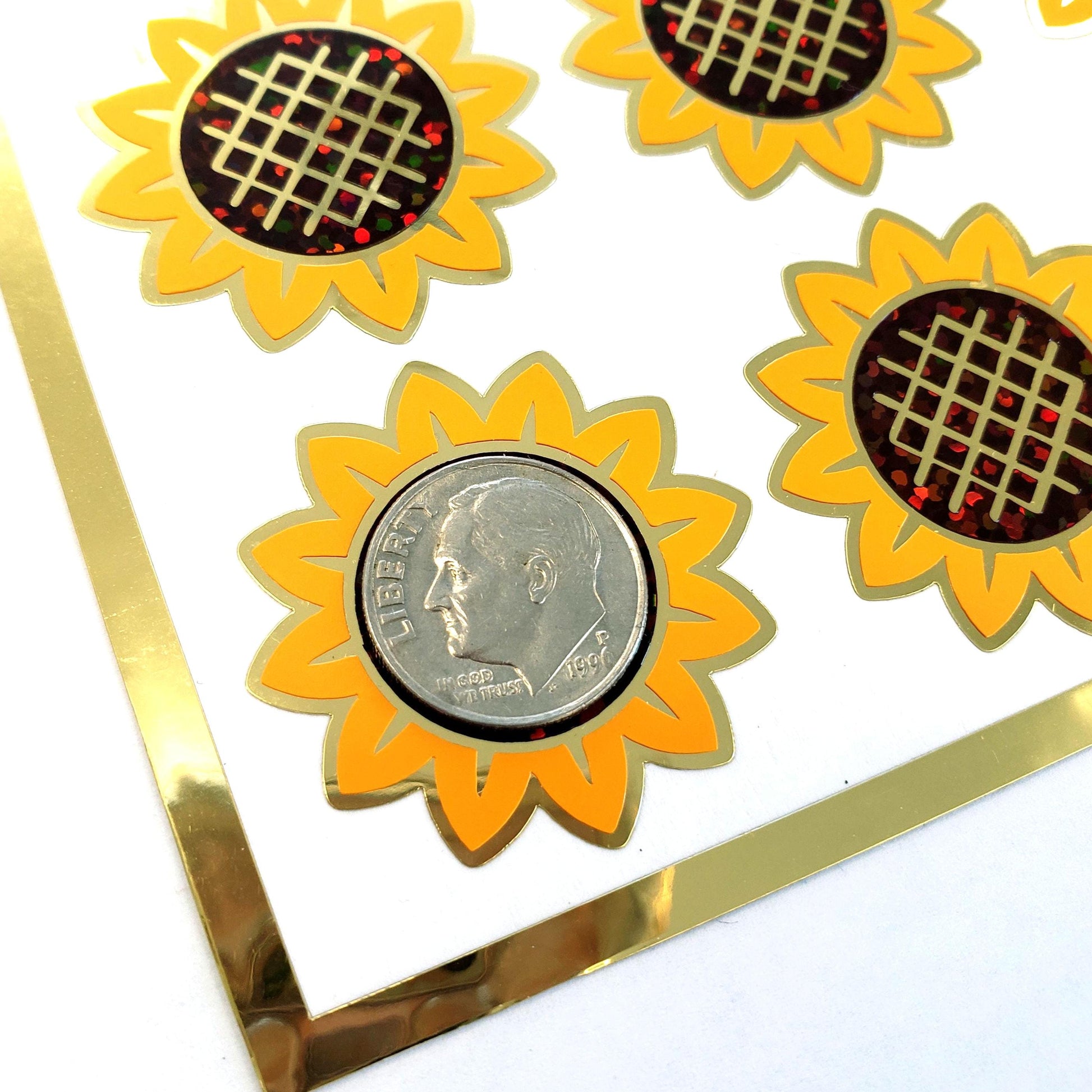 Sunflower Stickers, set of 12 golden yellow and brown flower stickers for journals, laptops, envelopes, and tumblers, summer wedding decor.