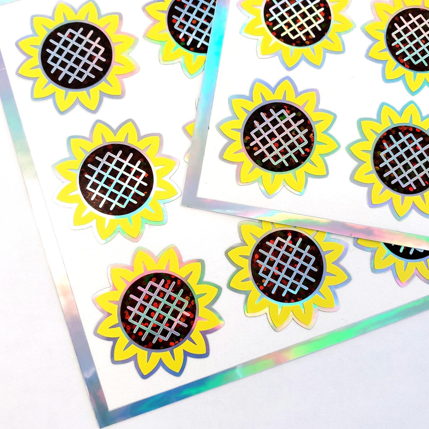 Sunflower Stickers, set of 12 yellow and brown summer flower stickers for journals, laptops, envelopes, tumblers and crafts. Silver outline.