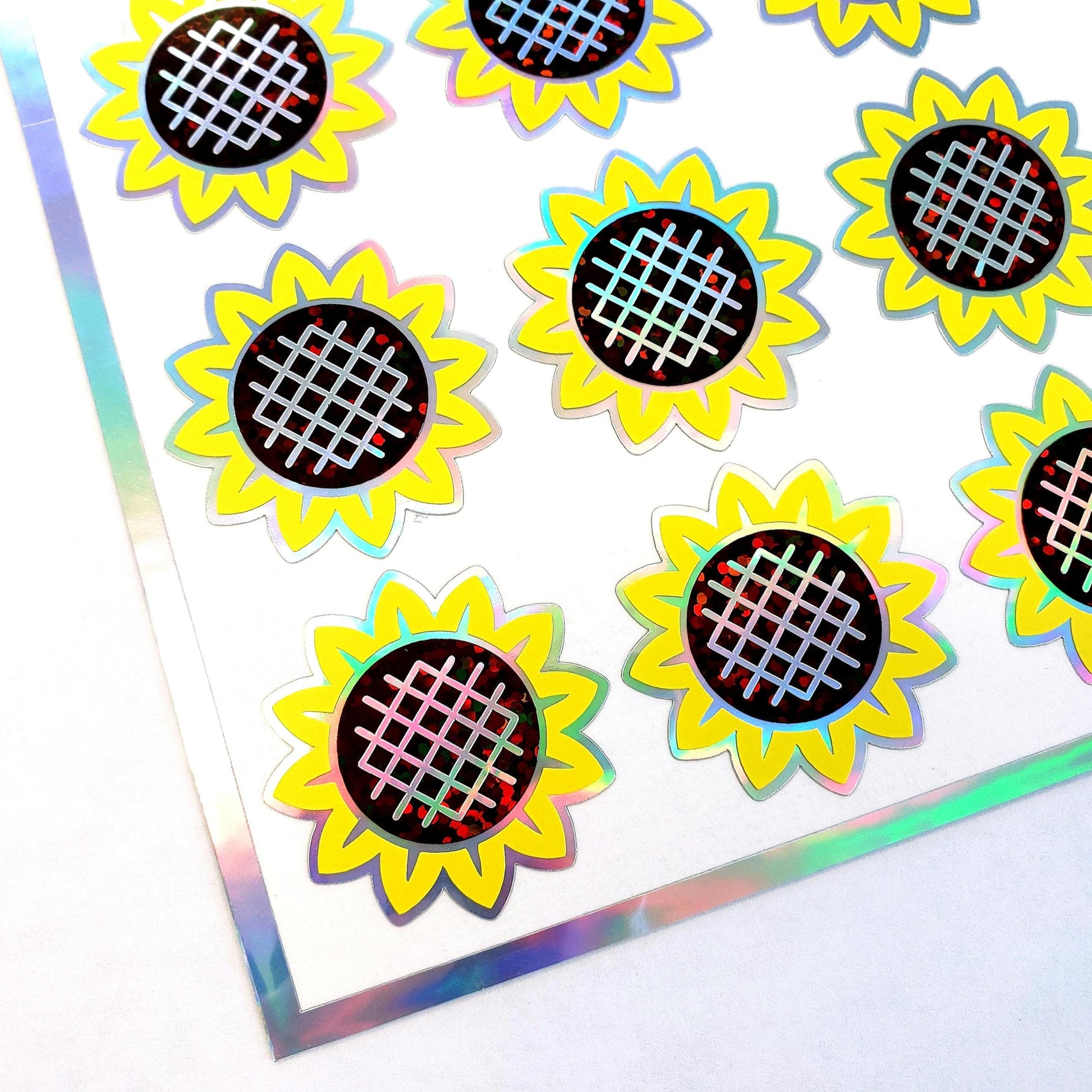 Sunflower Stickers, set of 12 yellow and brown summer flower stickers for journals, laptops, envelopes, tumblers and crafts. Silver outline.